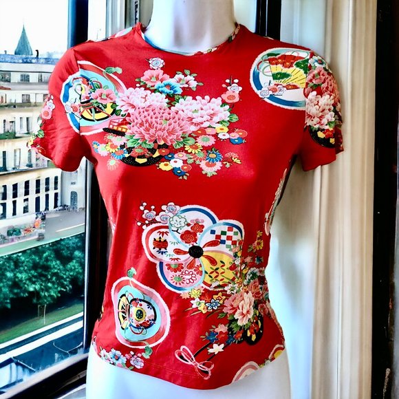 Vintage Floral Orange Short Sleeve Top Made in France Womens 31 Stretch … - Picture 2 of 10